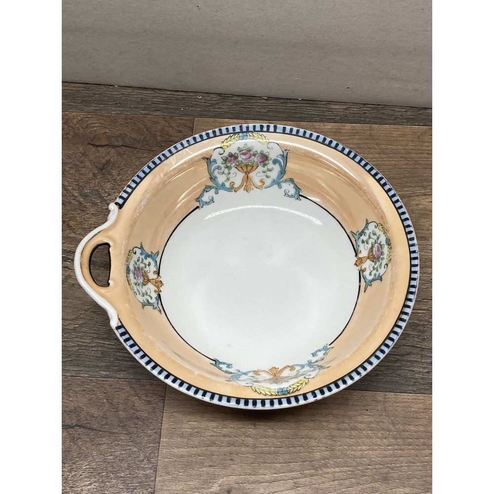 Noritake Lusterware Bowl Dish Single Handle Floral Orange‎ Handpainted Vntg